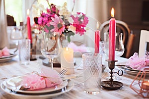 Summer cottage kitchen decorated for festive dinner. Romantic table setting with candles and flowers