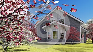 Summer cottage in the spring garden 3d rendering