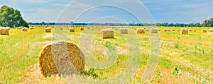 Summer countryside with haystacks in field season