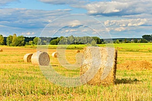 Summer countryside with haystacks in field season