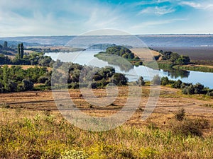 Summer countryside landscape with Pivdennyi Buh river, Mykolaiv Region, Ukraine