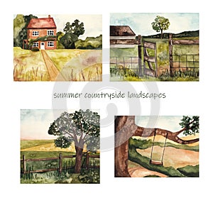 Summer countryside landscapes. Watercolor illustration, country