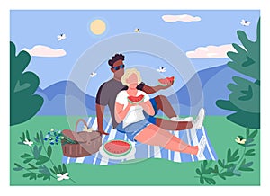 Summer couple picnic flat color vector illustration