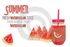 Summer creative layout with of fresh watermelon juice in a glass and watermelon slices.