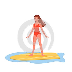 Summer cruise beach people, young woman in beachwear standing on surfboard and floating