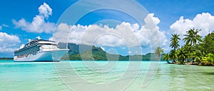 Summer cruise vacation travel. Panoramic landscape view with cruise ship in Bora Bora.