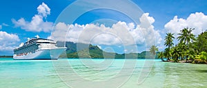 Summer cruise vacation travel. Panoramic landscape view with cruise ship in Bora Bora. photo