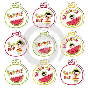 Summer cupcake topper with cute girl and watermelon on watermelon frame cartoon for summer cupcake topper set
