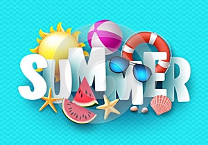 Summer 3d text vector banner design with white title and colorful tropical beach elements photo