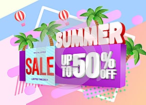 Summer 3d vector banner design. Summer 3d text with tropical elements like palm tree, hot air balloon and umbrella in orange.