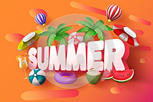 Summer 3d vector banner design. Summer 3d text with tropical elements like palm tree, hot air balloon and umbrella.