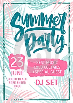 Summer dance party invitation, flyer or poster template with lettering written against colorful tropical palm tree