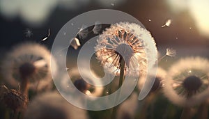 Summer dandelion seed head in the wind. Fluffy flower weed in grass field.