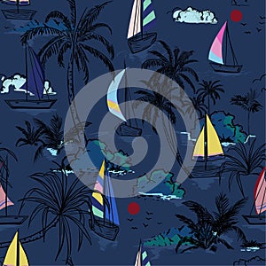 Summer dark night Beautiful seamless pattern island with colorful boat and wind surf . Landscape with palm trees,beach and ocean