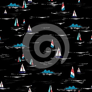 Summer dark night Hand drawing colorful wind surf seamless patt