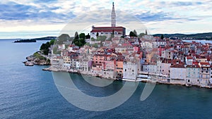 Summer day aerial of old town Rovinj, ancient Croatian city at the sea