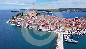 Summer day aerial of old town Rovinj, ancient Croatian city at the sea