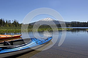 Summer Day Colorful Kayaks On Hosmer Lake Oregon