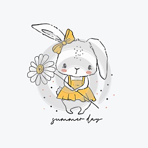 Summer day. Cute little bunny with daisy flower. Vector