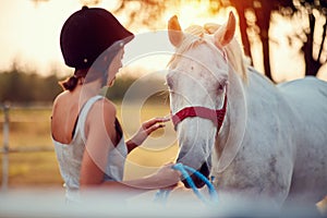 Summer day on the farm.  woman caress horse photo