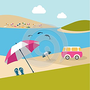 Summer day on the island beach. Pink umbrella and van.