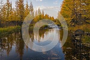 Summer day landscape with river, forest, clouds on the blue sky and sun