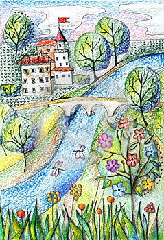 Summer day. Landscape with river, town, bridge, trees and flowers.