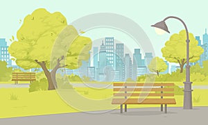 Summer day in the public park. Wooden bench with lush green trees and bushes. Cityscape in the background. Vector illustration.