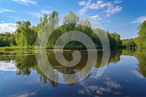 summer day, with reflections of trees and sky in the tranquil lake