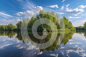 summer day, with reflections of trees and sky in the tranquil lake