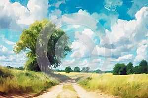 Summer day, tree with country road against clouds, watercolor painting on textured paper. Digital watercolor painting