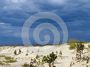 Summer day on Yagry island, White sea. Storm clouds over the White sea. Before the storm