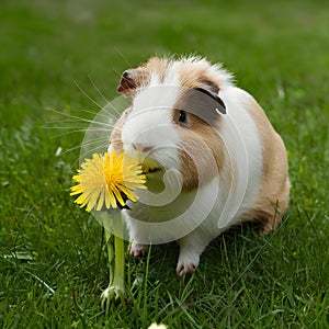 Summer delight Guinea pig munches on fresh dandelion flower