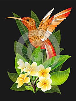 Summer design for advertising with hummingbird, tropical leaves and flowers