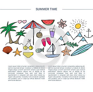 Summer design concept with hand drawn icons and text space.