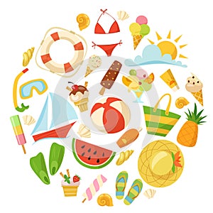 Summer design with food, toys, clothes and symbols in cartoon style.