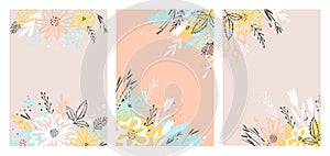 Summer design with hand drawn flowers in pastel colors. Set of greeting card