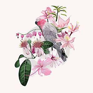 Summer design with pink parrot bird, tropical beach background banners.