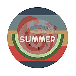 Summer design with watermelon and sea beach on vintage color background,vacation or long weekend concept