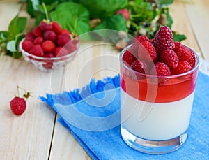 Summer dessert with cream and raspberry jelly, decorate with fresh berries in a transparent glass