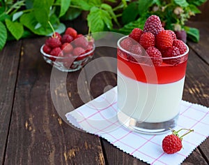 Summer dessert with cream and raspberry jelly, decorate with fresh berries in a transparent glass