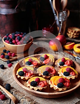 Summer dessert with various fruits. Fresh berry tartlet or cake with vanilla custard, raspberry, peach and blackberry