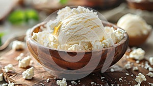 summer dessertizs, enjoy a delectable scoop of cottage cheese ice cream in a charming wooden bowl a refreshing summer