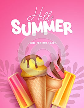 Summer desserts vector poster design. Hello summer text in pink background with popsicle and ice cream tropical elements.