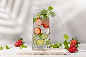 Summer detox drink. Strawberry, mint and cucumber refreshing water.Infused detox water with berry, vegetable and herb. Ice cold