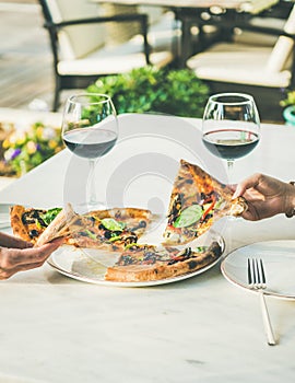 Summer dinner or lunch with pizza and wine