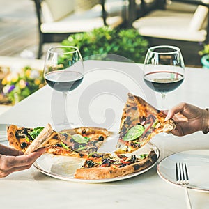 Summer dinner or lunch with pizza and wine