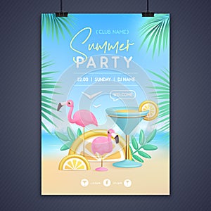 Summer disco party poster with 3d blue lagoon cocktail and flamingo. Colorful summer beach scene.