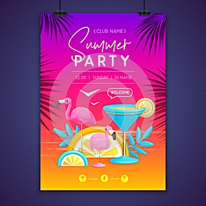 Summer disco party poster with 3d blue lagoon cocktail and flamingo. Colorful summer beach scene.