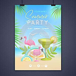 Summer disco party poster with 3d margarita cocktail and flamingo. Colorful summer beach scene.